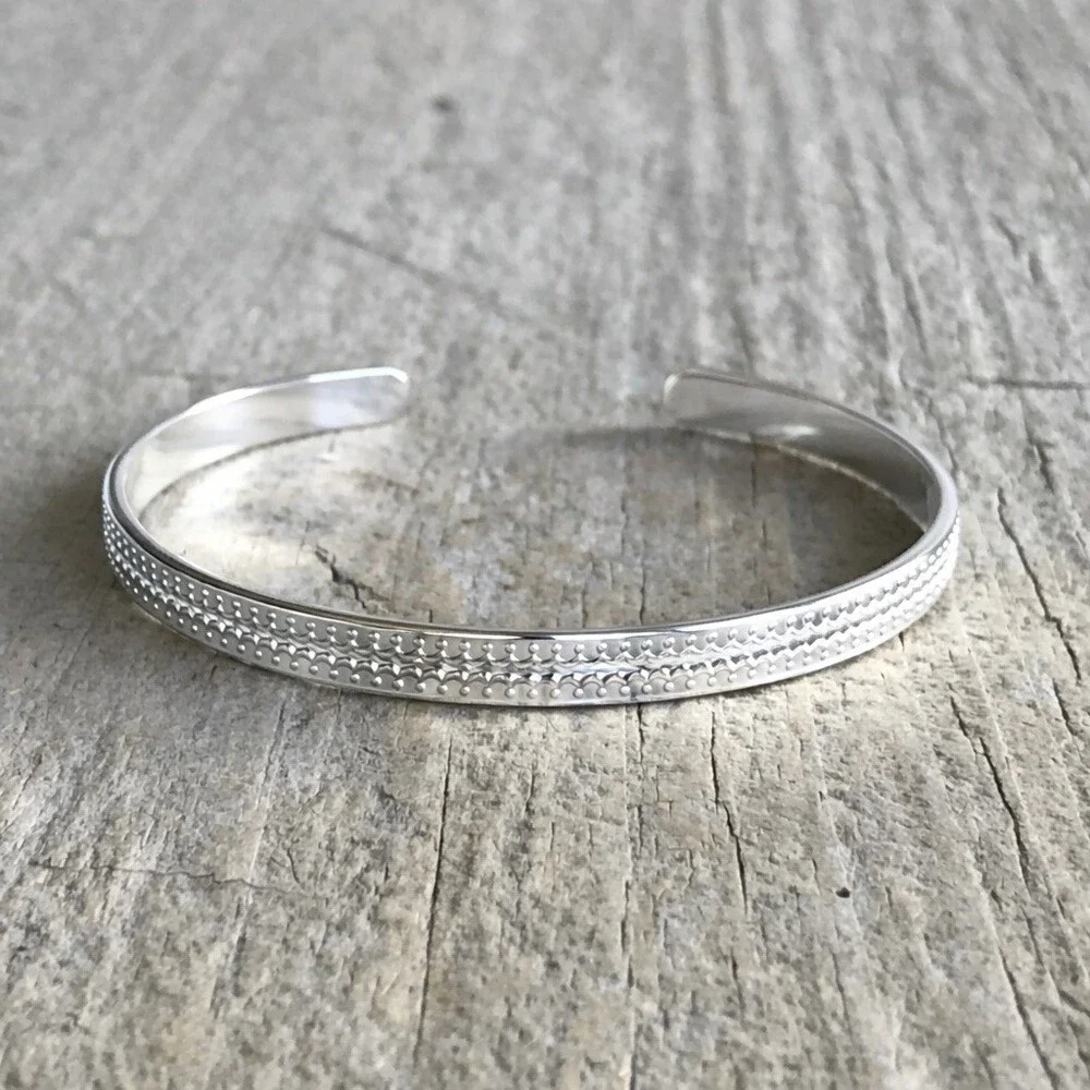 Shiny Sterling Silver Scalloped Open Cuff Bangle Handmade - 5.6mm Wide